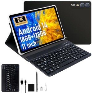 2025 Latest 11 inch 2K Tablet with Keyboard Android 14 2000x1200 2 in 1 Tablets PC, T616 Octa Core, 18GB RAM+128GB ROM, 5+5+13MP Camera, 9000mAh Battery 4 Speakers, 5G WiFi, with Case, Stylus - Gray