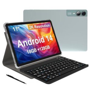 11 inch Tablet Android 14 2000*1200 2K Display Tablets PC, T616 Octa-Core 2.0GHz, 18GB RAM 128GB ROM 1TB Expandable, 5+5+13MP AI Camera, 9000mAh, 5G WiFi, with Keyboard, Case, 4 Speakers - Green