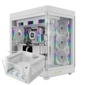 Gamdias RGB White Tempered Glass Gaming Case, 2-Way Standing for Vertical & Horizontal Orientation & One-Touch Open Computer Case with 3 Built-in ARGB Fans, Support 420mm AIO & Huge Cable Management