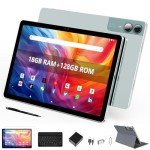 11 inch Tablet Android 14 2000*1200 2K Display Tablets PC, T616 Octa-Core 2.0GHz, 18GB RAM 128GB ROM 1TB Expandable, 5+5+13MP AI Camera, 9000mAh, 5G WiFi, with Keyboard, Case, 4 Speakers - Green