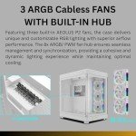 Gamdias RGB White Tempered Glass Gaming Case, 2-Way Standing for Vertical & Horizontal Orientation & One-Touch Open Computer Case with 3 Built-in ARGB Fans, Support 420mm AIO & Huge Cable Management