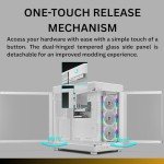 Gamdias RGB White Tempered Glass Gaming Case, 2-Way Standing for Vertical & Horizontal Orientation & One-Touch Open Computer Case with 3 Built-in ARGB Fans, Support 420mm AIO & Huge Cable Management
