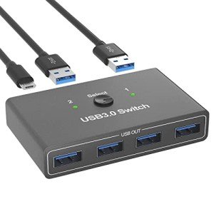 USB3.0 Switch Selector, SIVXNEM 4 Port 2 Computers Peripheral Switcher USB Hub Adapter for PC Printer Scanner Mouse Keyboard U-Disk Hard Drives with Button Switch and 2 Pack USB Male Cable (Black)