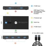 USB 3.0 KVM Switch Selector 2 Computers Sharing 4 USB Devices 4 Port USB Peripheral Switcher Box 2 in 4 Out with One-Button Swapping 2 Pack USB 3.0 Cable for Mouse, Keyboard, Scanner,Printer,Computer