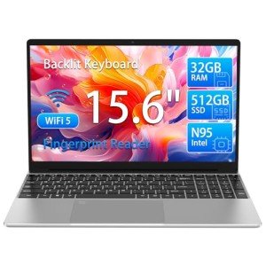 15.6" FHD Laptop Computer with Backlit Keyboard,32GB RAM 512GB SSD,Quad Core N95 Processor(Up to 3.4GHz),180 ° Angle Opening,Fingerprint Reader,8000mAh Battery,Webcam,WiFi 5,BT 4.2,Mini HDMI,USB 3.0