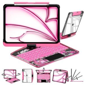 CNAIDUNR Transparent 360°Rotatable Keyboard Case for iPad 11th Generation(2025),10th Generation,Clear Hard PC Back,Trackpad,Pencil Holder,7 Color Backlight Keyboard Case,Transparent Pink