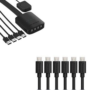 SABRENT USB 2.0 Sharing Switch up to 4 Computers and peripherals led Device Indicators + [6-Pack] 22awg Premium 3ft Micro USB Cables high Speed USB 2.0 a
