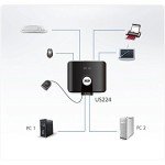 ATEN US224 2 x 4 USB 2.0 Peripheral Sharing USB Switch 2 Computers Share 4 Devices Simple Remote Port Selector Included Supports Optional USB Power Adapter - Windows Mac Linux