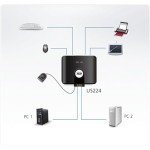 ATEN US224 2 x 4 USB 2.0 Peripheral Sharing USB Switch 2 Computers Share 4 Devices Simple Remote Port Selector Included Supports Optional USB Power Adapter - Windows Mac Linux