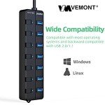 VEMONT USB hub,Computer Peripheral Equipment 7-Port USB 3.0 hub with 5V2A Power Adapter and Individual On/Off Switches,USB Charging hub 4ft/1.2m Long Cable