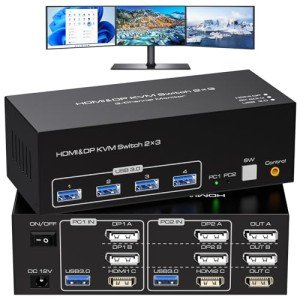 ATLAHET 8K HDMI 2 Displayport KVM Switch 3 Monitors 2 Computers DP 1.4 8K 60Hz 4K 120Hz Display Port for Two PC Share Triple Monitor and 4 USB 3.0 Peripherals Support Extended and Duplicate Mode