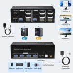 ATLAHET 8K HDMI 2 Displayport KVM Switch 3 Monitors 2 Computers DP 1.4 8K 60Hz 4K 120Hz Display Port for Two PC Share Triple Monitor and 4 USB 3.0 Peripherals Support Extended and Duplicate Mode