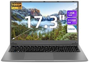 Naclud Windows 11 Laptops, 17.3 Inch Laptop Computer with Celeron Quad-Core Processor, 12GB DDR4 512GB SSD, Expandable 1TB, Type-C, 60800mWh Battery, Wi-Fi 5, BT4.2, Mini HDMI, Business and Students