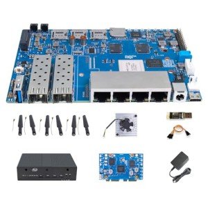 youyeetoo Banana Pi BPI R4 WiFi 7 Router Single Board Computer - Assembled, 4GB RAM, 8GB eMMC, MediaTek MT7988A Chip, 2X 10Gbe SFP Slots, 4X Gbe Ports, Metal Case (Wi-Fi 7 Paket Bulk)