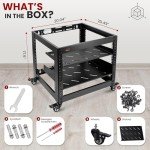 Pyle 10U Open Frame Server Rack - Wall Mount Network Rack for Servers, Networking & AV Gear - Heavy-Duty 19" Equipment, Includes 1U & 2U Vented Shelves for Airflow, Lockable Wheels - 440 lbs Capacity