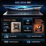 AOC 2025 Laptop with AMD Ryzen 7 5700U Processor(8C/16T, Up to 4.3GHz), 16.1 inch FHD Display Laptop 16GB RAM 512GB NVMe SSD Laptop Computer, USB3.2, Type-C, WiFi 6, 53Wh Battery, Backlit KB