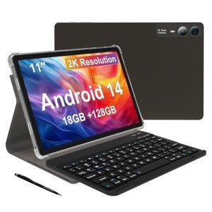 11 inch Tablet Android 14 2000*1200 2K Display Tablets PC, T616 Octa-Core 2.0GHz, 18GB RAM 128GB ROM 1TB Expandable, 5+5+13MP AI Camera, 9000mAh, 5G WiFi, with Keyboard, Case, 4 Speakers - Gray