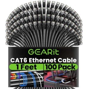 GearIT Cat 6 Ethernet Cable (100-Pack 1 Foot) Cat6 Network Patch, 10Gbps, RJ45, Snagless Cord, Gold-Plated Connectors, Internet for PC, TV, Tablet, Router, Printer, Servers, IT Data Center - Black
