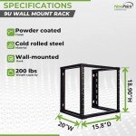 NavePoint 9U Open Frame Wall Mount Server Rack for 19" Networking IT Equipment & A/V, 12-24 Threaded, Compatible with 2-Post Mounting, Black