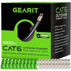 GEARit RJ45 Cat-6 Ethernet Patch Cable, DIY Bulk Kit (20 RJ45 & 20 Boot), 10Gpb Transfer Speed, Gold-Plated Connector, Copper Clad, Outdoor, UV Resistant, Direct Burial, Waterproof, 1,000 Foot, Black