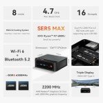 Beelink SER5 MAX Mini PC, AMD Ryzen 7 6800U(6nm, 8C/16T) up to 4.7GHz, Mini Computer 24GB LPDDR5 RAM 500GB NVME SSD, Micro PC 4K@60Hz Triple Display, Mini Gaming Computer WiFi6/BT5.2/HTPC/W-11 Pro