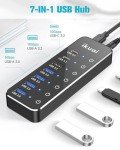 Powered USB Hub, ikuai 7-Port USB 3.2 / USB C Hub, with 3 10Gbps Data Ports (2 USB-C + 1 USB-A) and 4 USB A 3.0 Ports for PC Laptops