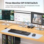 8K60Hz 4K120Hz Displayport KVM Switch 3 Monitors 2 Computers, USB 3.0 DP KVM Switch for 2 Computers Share 1 Set of Keyboard, Mouse, Printer and 3 Monitors, 4 Port USB 3.0 for Peripheral Sharing