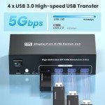 8K60Hz 4K120Hz Displayport KVM Switch 3 Monitors 2 Computers, USB 3.0 DP KVM Switch for 2 Computers Share 1 Set of Keyboard, Mouse, Printer and 3 Monitors, 4 Port USB 3.0 for Peripheral Sharing