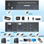 8K60Hz 4K120Hz Displayport KVM Switch 3 Monitors 2 Computers, USB 3.0 DP KVM Switch for 2 Computers Share 1 Set of Keyboard, Mouse, Printer and 3 Monitors, 4 Port USB 3.0 for Peripheral Sharing