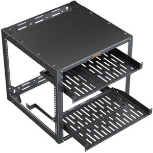 Perlegear 10U Open Frame Network Rack for 19″ Servers & AV Gear, Heavy-Duty 4 Post AV Rack with 2x1U Vented Shelves, Floor-Standing or Wall-Mounted Server Computer Rack for Home & Office, PGSER02