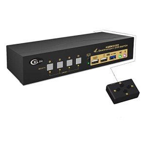 CKLau USB 3.0 4 Port KVM Switch Dual Monitor Displayport 1.4 8K@30Hz 4K@144Hz with Audio and Input Output Cables for 4 Computers Sharing Monitors Keyboard Mouse Peripheral