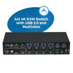 OREI 4x1 KVM HDMI Seamless Switch Multiviewer, Share Multiple Devices, PC, Computers, Phones, Gaming on One Display Monitor, Keyboard Control and USB 3.0 Peripheral Control