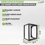 NavePoint 12U Open Frame Server Rack for 19" IT Network Equipment & A/V Devices, Free Standing or Wall Mount Rack with 180 Degrees Gate Swing, Black