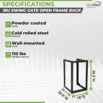 NavePoint 18U Server Rack with Swing Gate - Wall Mount Rack for 19 Inch IT & AV Equipment - Open Frame, Black