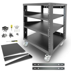 AxcessAbles 12U Open Frame Network & AV Rack with Caster Wheels, Two 2U Shelves, 10-32 & Cage Nut Compatible Rails, Cage Nuts, Screws, Cage Nut Tool & Wall Mount Kit | 19-Inch Rack