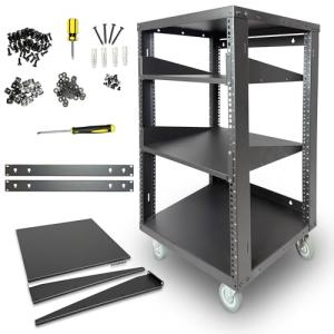 AxcessAbles 16U Open Frame Network & AV Rack with Caster Wheels, Two 2U Shelves, 10-32 & Cage Nut Compatible Rails, Cage Nuts, Screws, Cage Nut Tool & Wall Mount Kit | 19-Inch Equipment Rack