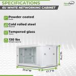 NavePoint 6U Network Cabinet with Glass Door – 6U Wall Mount Server Cabinet White 19” Rack for IT Equipment, AV Devices, Networking Equipment –17” Deep Server Rack Enclosure