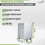 NavePoint 15U Network Cabinet with Glass Door – 15U Wall Mount Server Cabinet White 19” Rack for IT Equipment, AV Devices, Networking Equipment –21.5” Deep Server Rack Enclosure w/Wheels