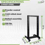 NavePoint 22U 2 Post Open Frame Server Rack with Casters for 19 Inch Equipment, Networking, and IT Devices, 2-Post Rack 330lbs Weight Capacity, Black