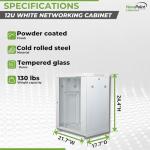 NavePoint 12U Network Cabinet with Glass Door – 12U Wall Mount Server Cabinet White 19” Rack for IT Equipment, AV Devices, Networking Equipment –17” Deep Server Rack Enclosure