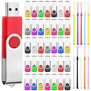 Aoriher 50 Pack USB Flash Drives Bulk with Lanyards 128 MB USB 2.0 Thumb Drive Swivel Storage Flash Pack Bulk with LED Light for Data Storage Backup, 10 Colors