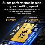 SD Card Adapter, Memory Card High Speed Up to 150MB/s,A1 V30 U3 4K C10 TF Card for Tablet/Mobile Phone/Camera/Car Audio/Game Console (128gb V30 U3 4K, 128gb)