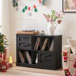 Joaxswe Large Record Player Stand with Vinyl Storage Up to 450 Albums, 39 Inch Farmhouse Wood Black Vinyl Records Storage Cabinet with Barn Doors, Mid-Century Modern Turntable Stand for Living Room