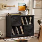 Joaxswe Large Record Player Stand with Vinyl Storage Up to 450 Albums, 39 Inch Farmhouse Wood Black Vinyl Records Storage Cabinet with Barn Doors, Mid-Century Modern Turntable Stand for Living Room