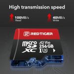 REDTIGER High Speed 256GB Micro SD Card with Adapter, microSDXC UHS-I Class 10, U3, V30 A2, Support for Dash Cam and 4K Video Recording, Compatible with F7NP-V07&F9&F7NT-V04&F17&VP20&F17PLUS