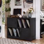 Joaxswe Large Record Player Stand with Vinyl Storage Up to 450 Albums, 39 Inch Farmhouse Wood Black Vinyl Records Storage Cabinet with Barn Doors, Mid-Century Modern Turntable Stand for Living Room