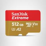 SanDisk 512GB Extreme microSDXC UHS-I Memory Card with Adapter - Up to 190MB/s, C10, U3, V30, 4K, 5K, A2, Micro SD Card - SDSQXAV-512G-GN6MA