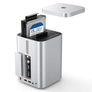 Yottamaster 2 Bay 10Gbps RAID Enclosure – Supports 2.5"/3.5" HDD/SSD Up to 56TB, Built-in NVMe SSD Slot, Docking Station with SD/TF Card Reader for Mac mini M4/PC/Laptop