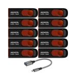 Adata C008 32GB USB 2.0 Retractable Flash Drive (Red) - Scratchproof, Dirt-Repellent - High-Speed Data Storage Solution for Students and Professionals Bundle with USB 3.0 to USB-C Adapter (10-Pack)