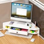 White Corner Monitor Riser with Drawer and Stand